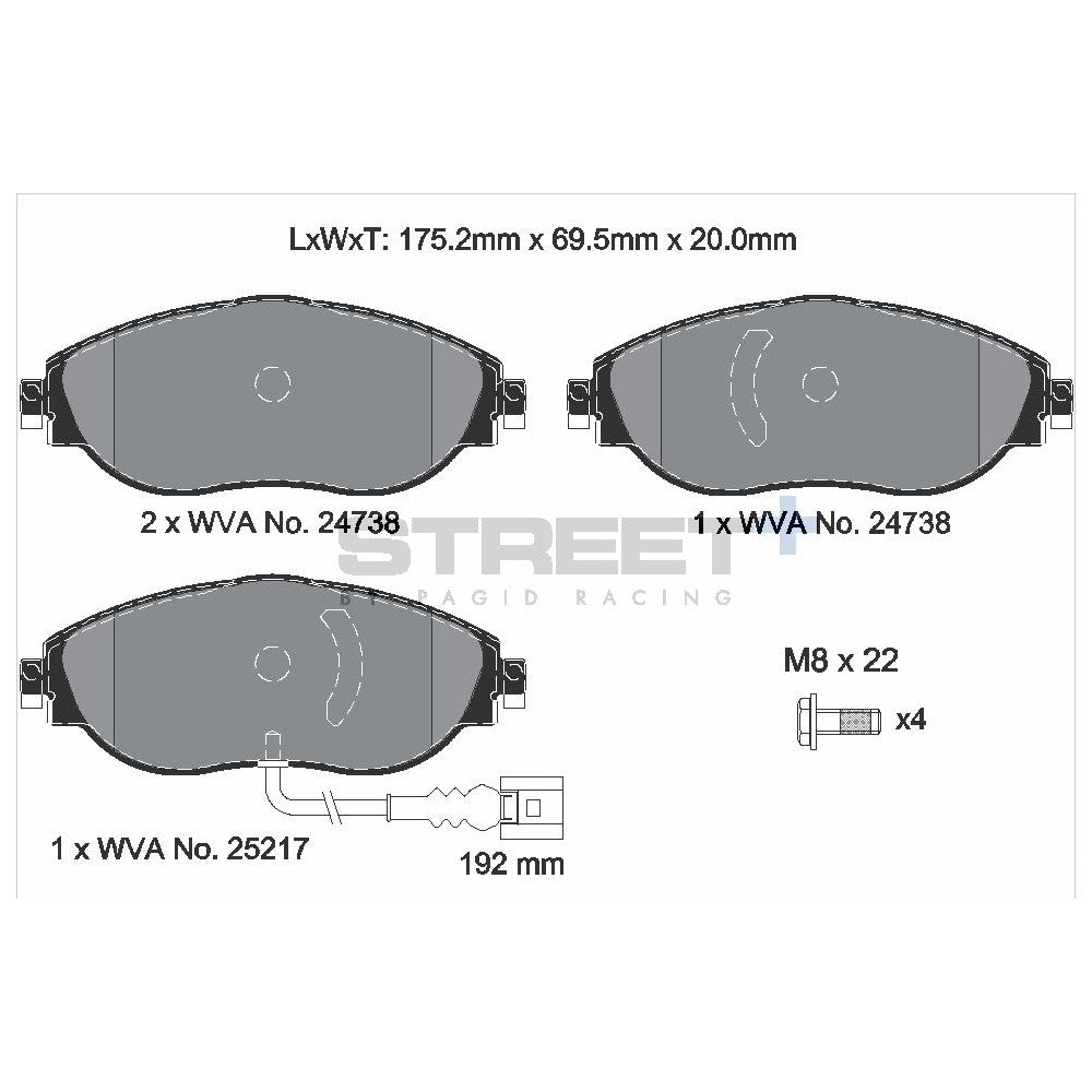 Pagid Street Brake Pads 175.2mm x 69.5mm T8092SP2001 - Front