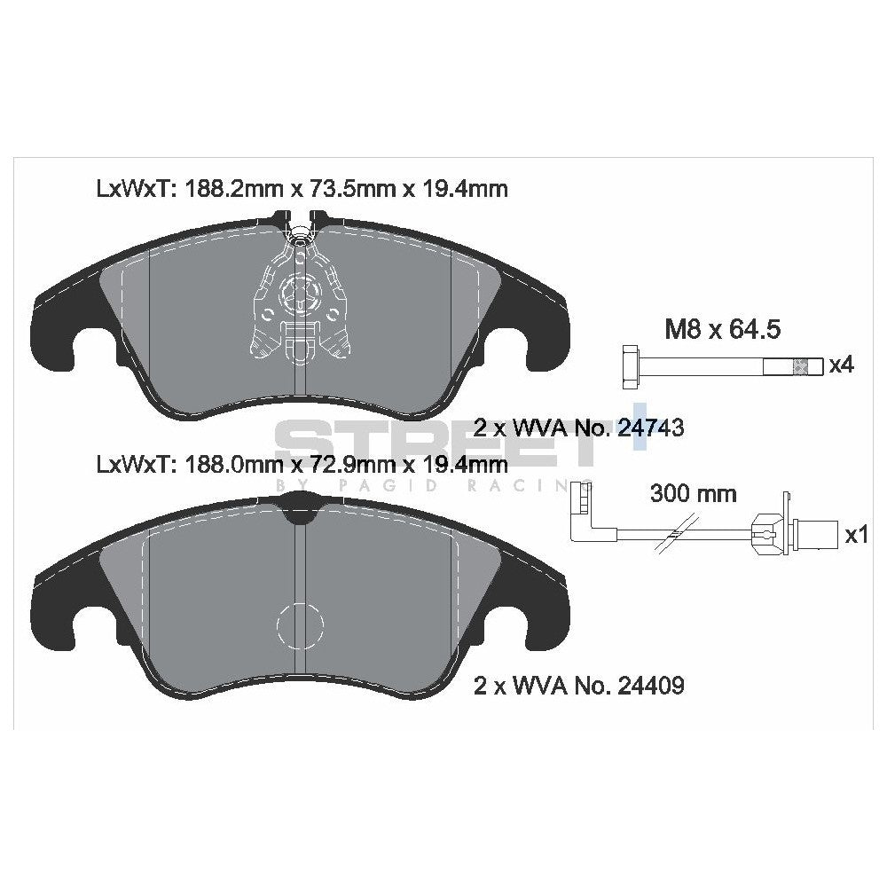 Pagid Street Brake Pads 188.2mm x 73.9mm T8093SP2001 - Front