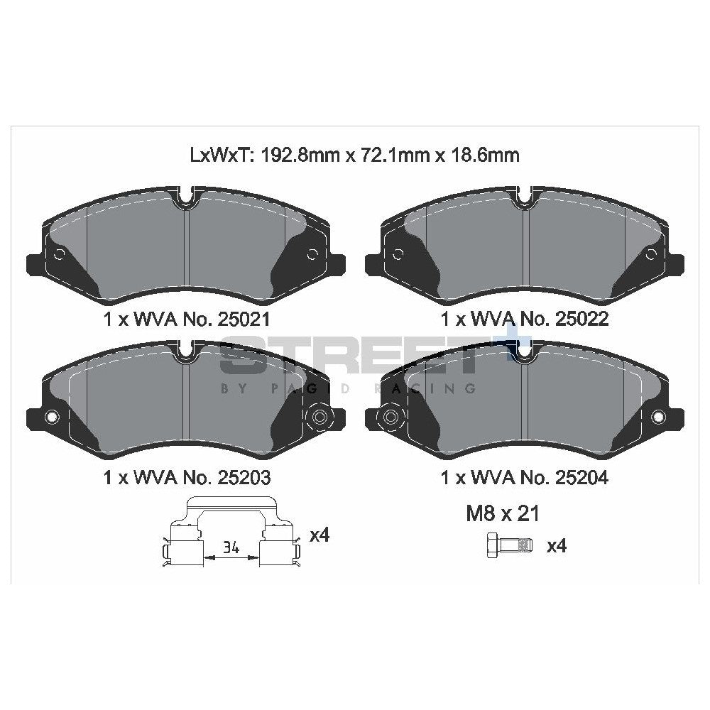 Pagid Street Brake Pads 192.8mm x 72.1mm T8103SP2001 - Front