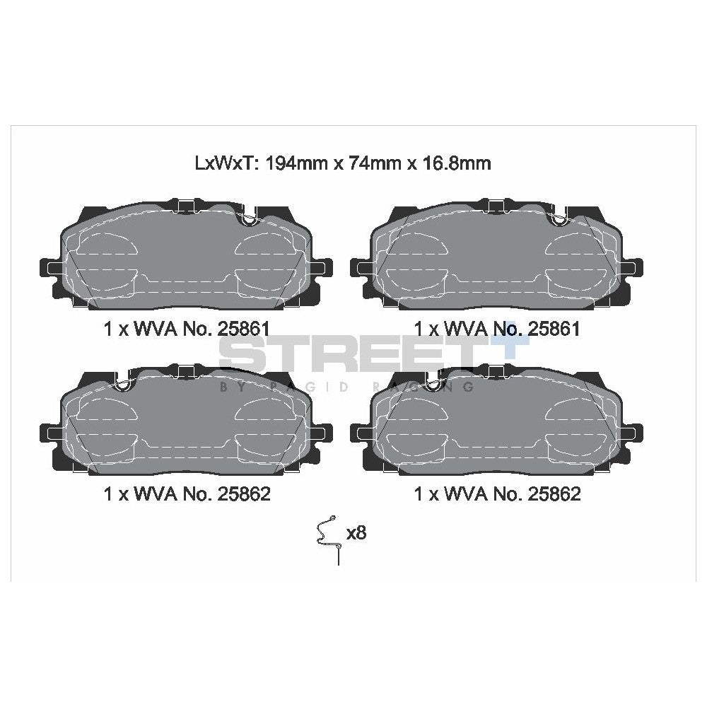 Pagid Street Brake Pads 194mm x 74mm T8233SP2001 - Front